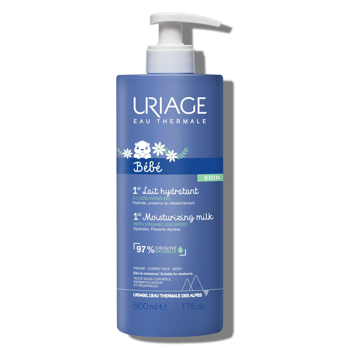 Uriage Baby 1st Moisturizing Cream 500ml tub with edelweiss and shea butter for gentle hydration.