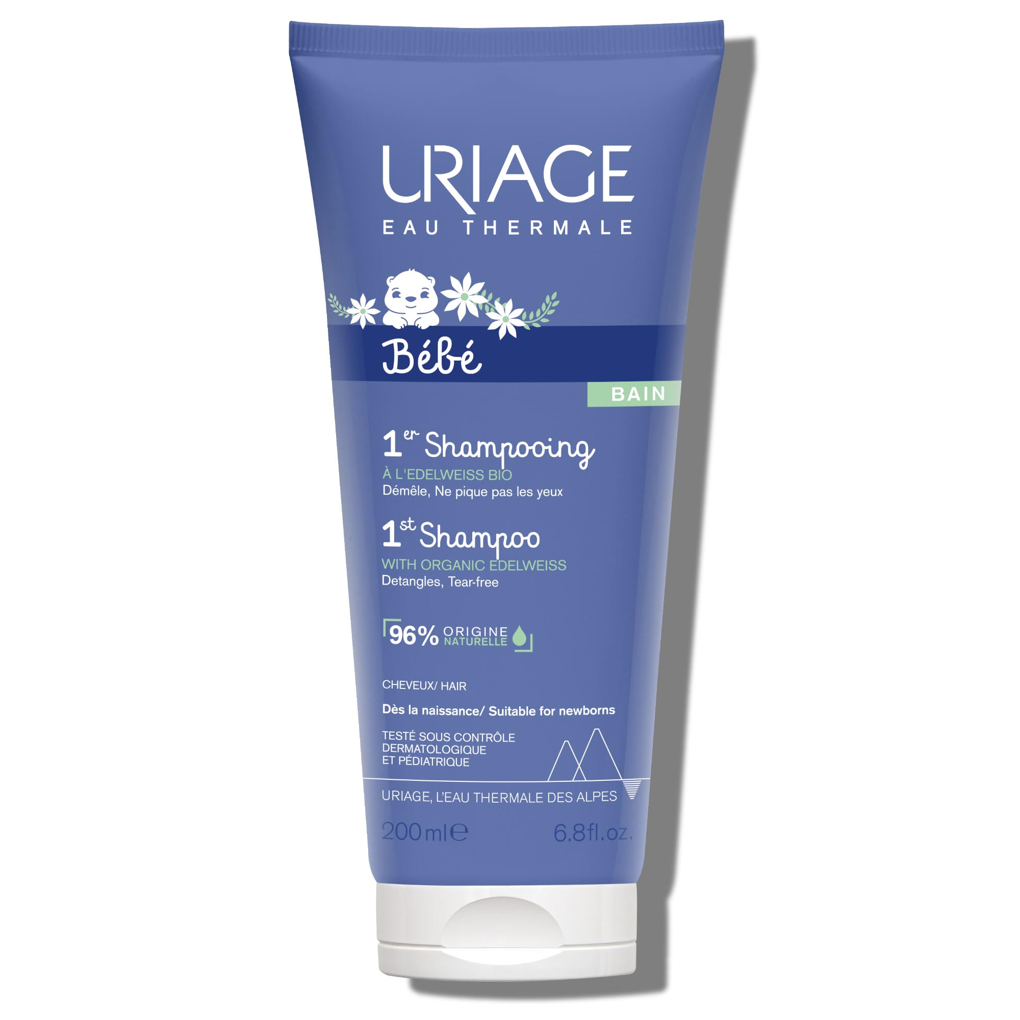 Uriage Baby 1st Shampoo organic Edelweiss bottle demonstrates gentle cleansing for delicate hair.
