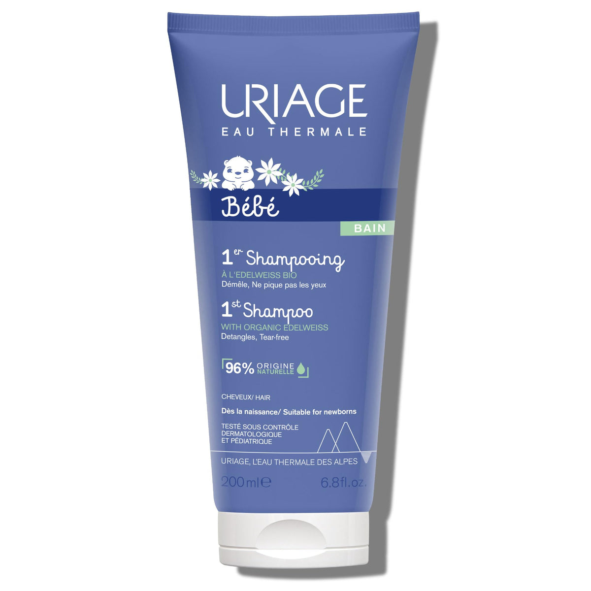 Uriage Baby 1st Shampoo organic Edelweiss bottle demonstrates gentle cleansing for delicate hair.