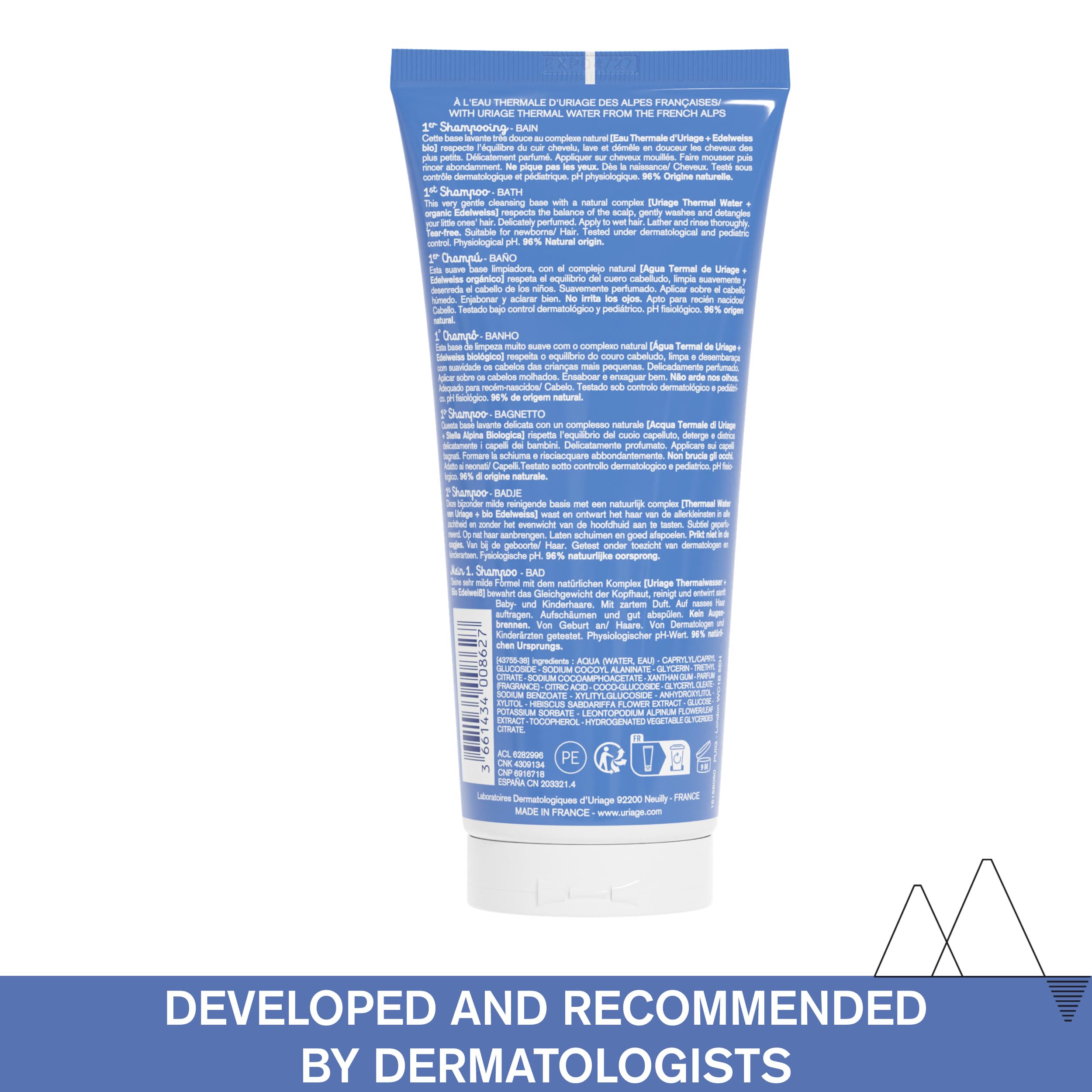 Uriage Baby 1st Shampoo 200 mL packaging offers easy, everyday use.