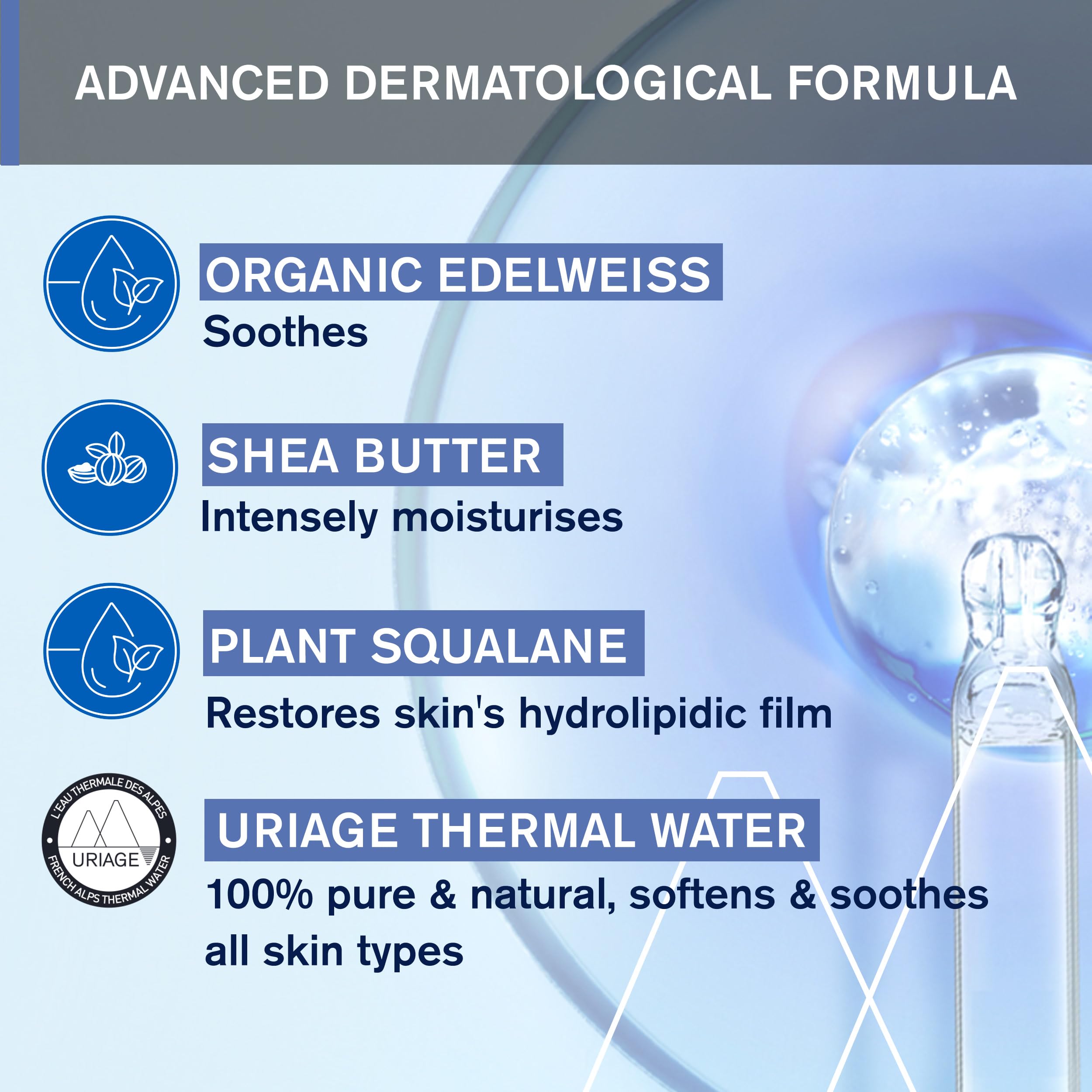 Uriage Edelweiss & Shea Butter ingredients highlight nourishing, gentle care for sensitive skin.