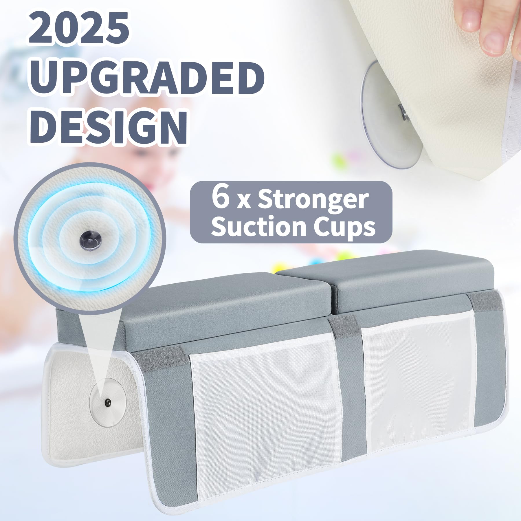 URMYWO bath kneeler with organizer pockets demonstrates easy-access toy storage and bath supplies.