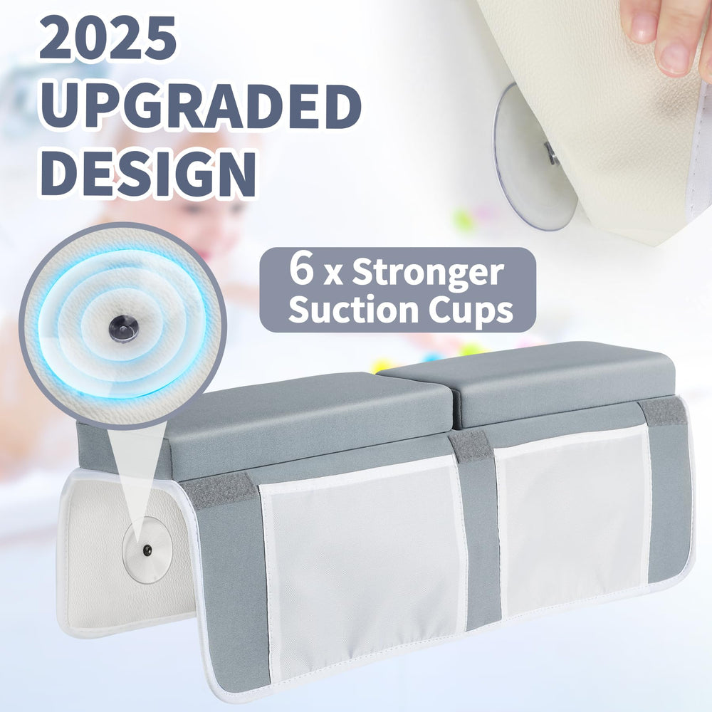 URMYWO bath kneeler with organizer pockets demonstrates easy-access toy storage and bath supplies.