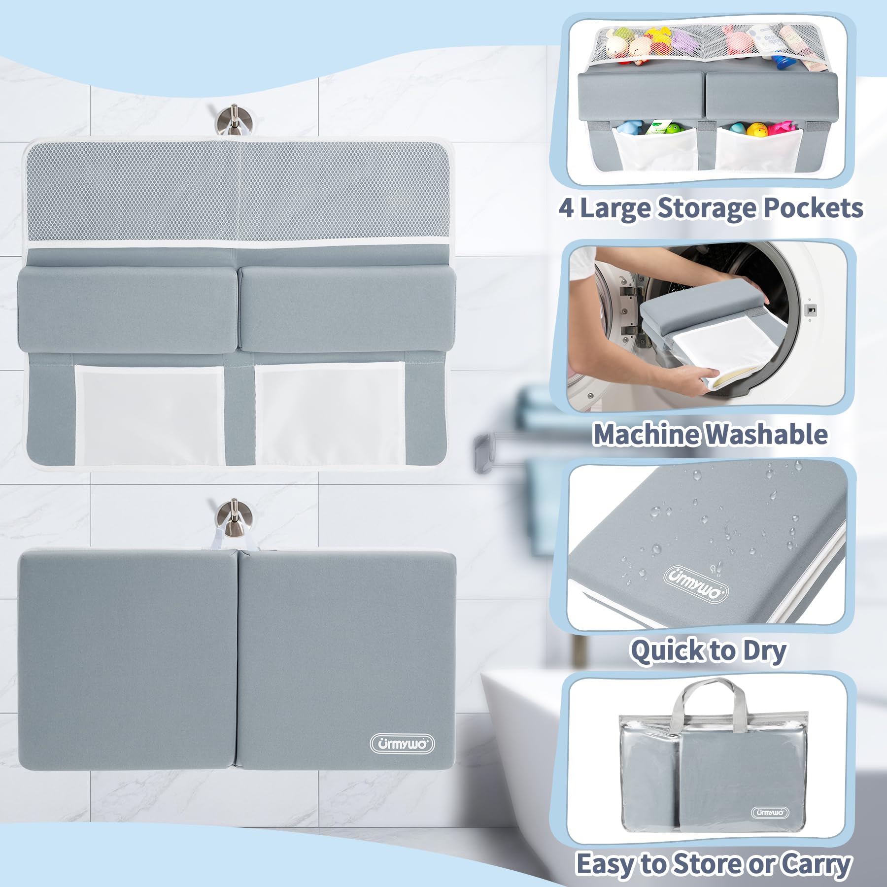 URMYWO bath time kneeler in-use shot showing cozy support for parent comfort.