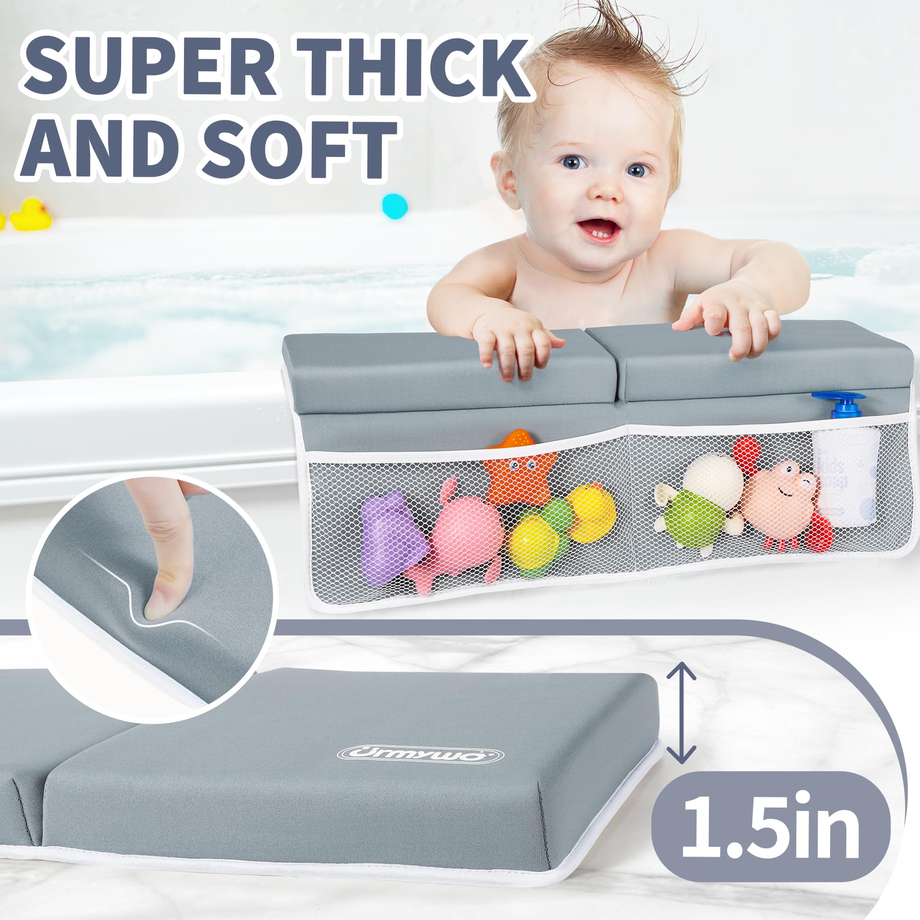 URMYWO elbow rest closeup shows suction cups for anti-slip stability during baths.