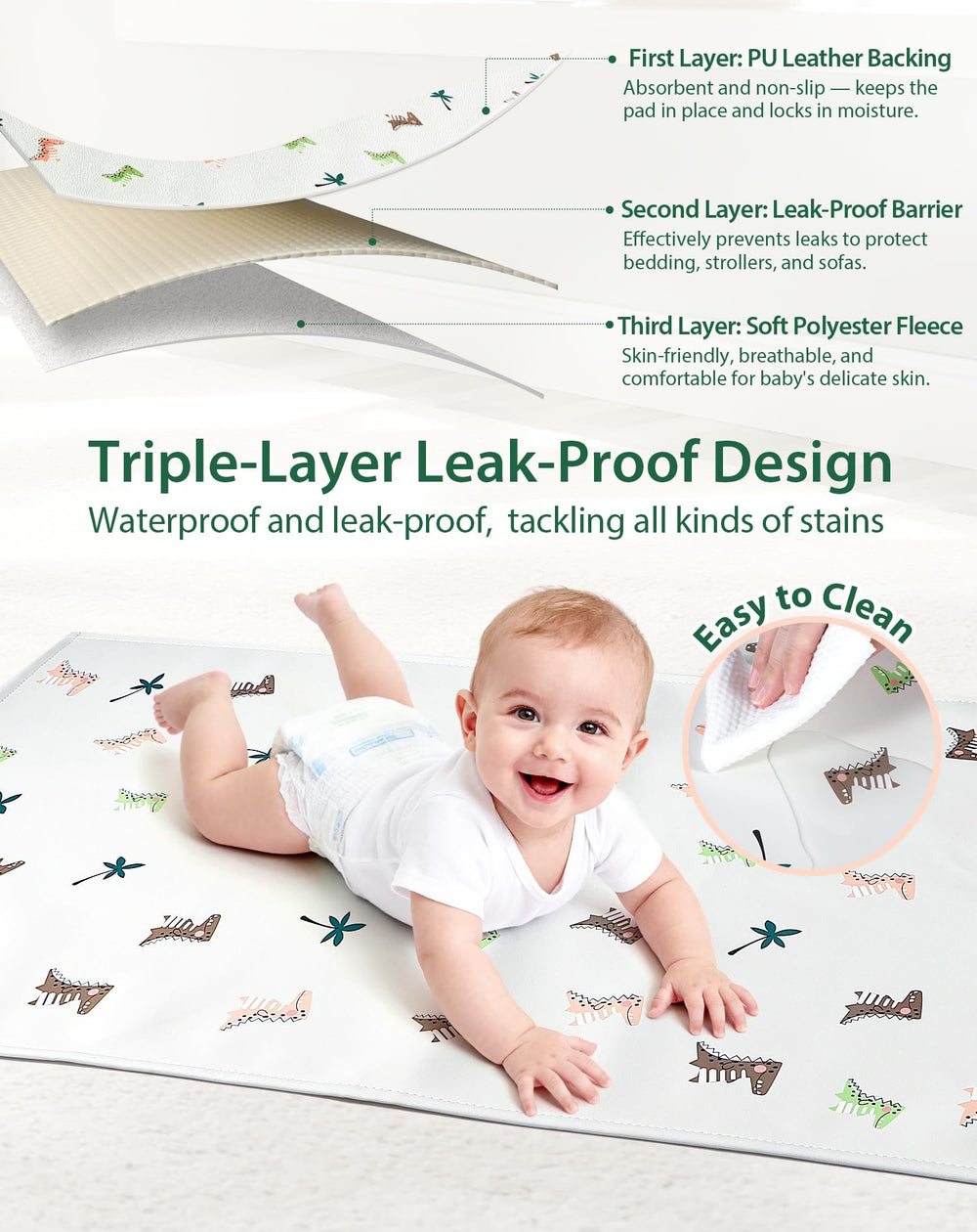 URMYWO waterproof PU leather pad shields clothing during messy diaper changes.