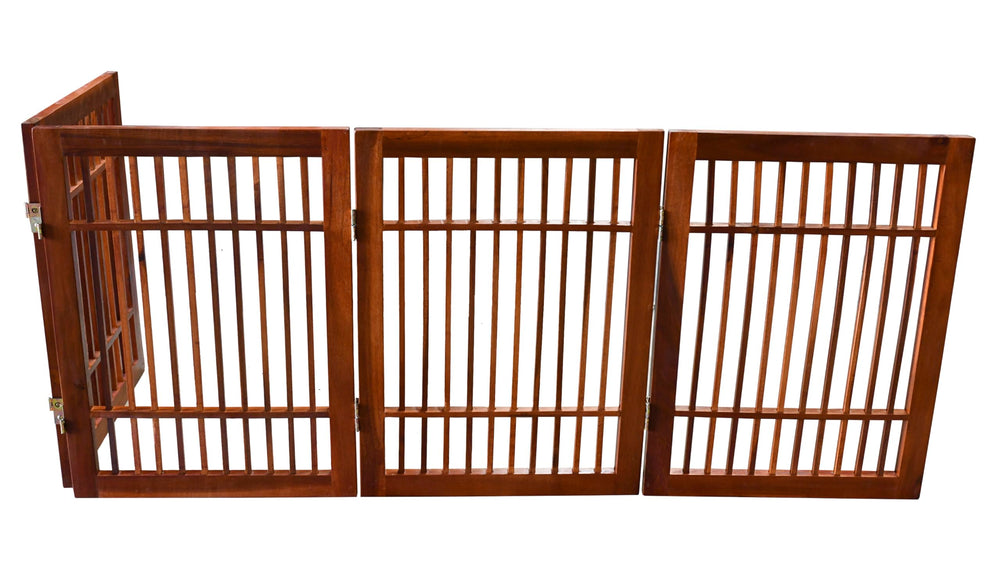 Urnporium Acacia hardwood gate blends natural decor with durable pet barrier