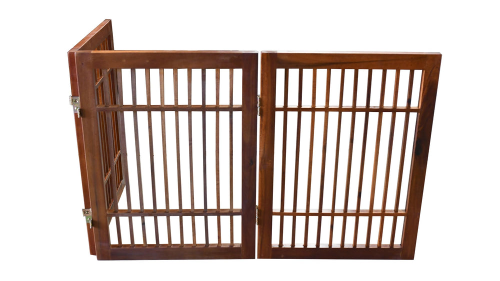 Urnporium foldable pet gate stored in a closet for travel readiness.