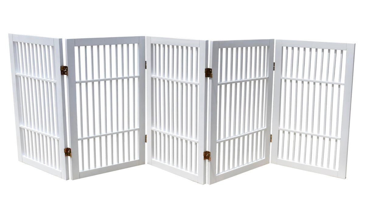 Urnporium pet gate in acacia wood fully assembled for hallway barrier use