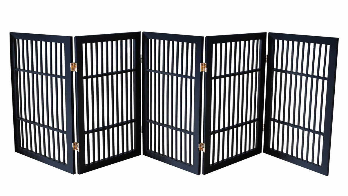 Urnporium pet gate—fully assembled, freestanding five-panel setup for easy placement