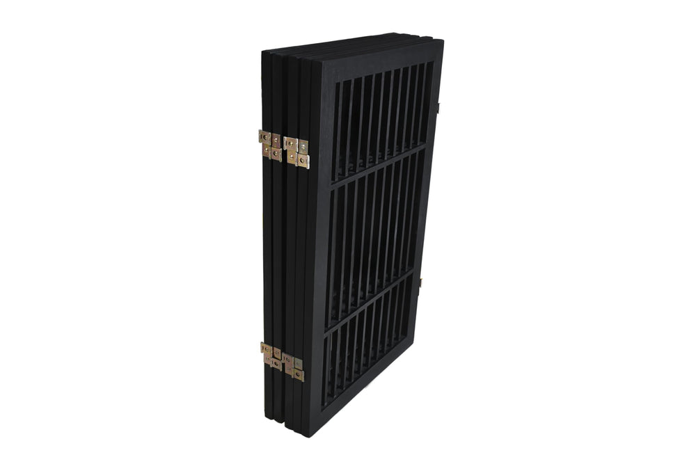 Urnporium pet gate folded-storage—folds flat for compact closet or trunk