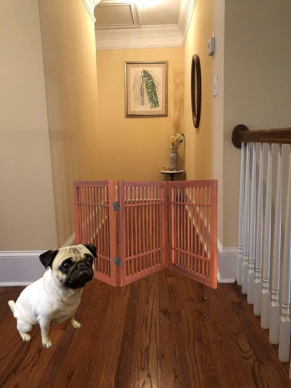 Urnporium wooden pet gate used indoors and outdoors for versatile spaces.