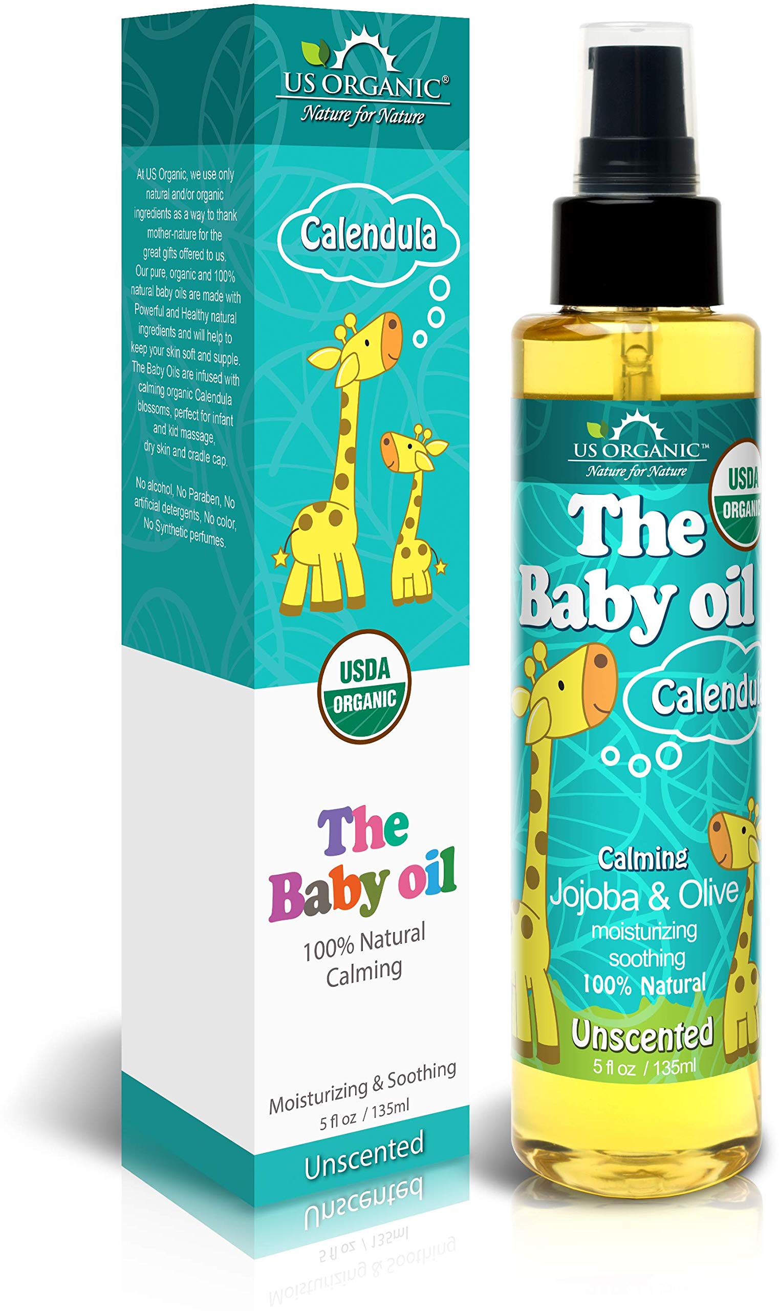 US Organic Baby Oil bottle-front shows unscented formula for gentle baby skin.