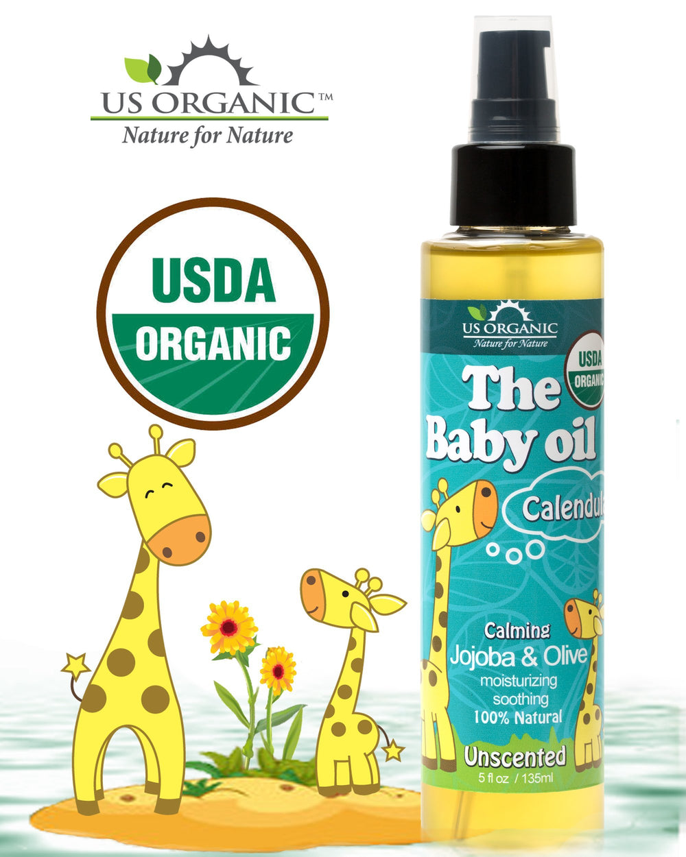 US Organic Baby Oil jojoba-oil-drop demonstrates nourishing jojoba for soft, smooth skin.