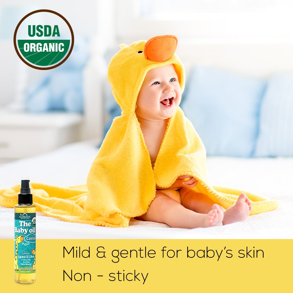 US Organic Baby Oil olive-oil-drop emphasizes olive oil moisture for healthy-looking skin.