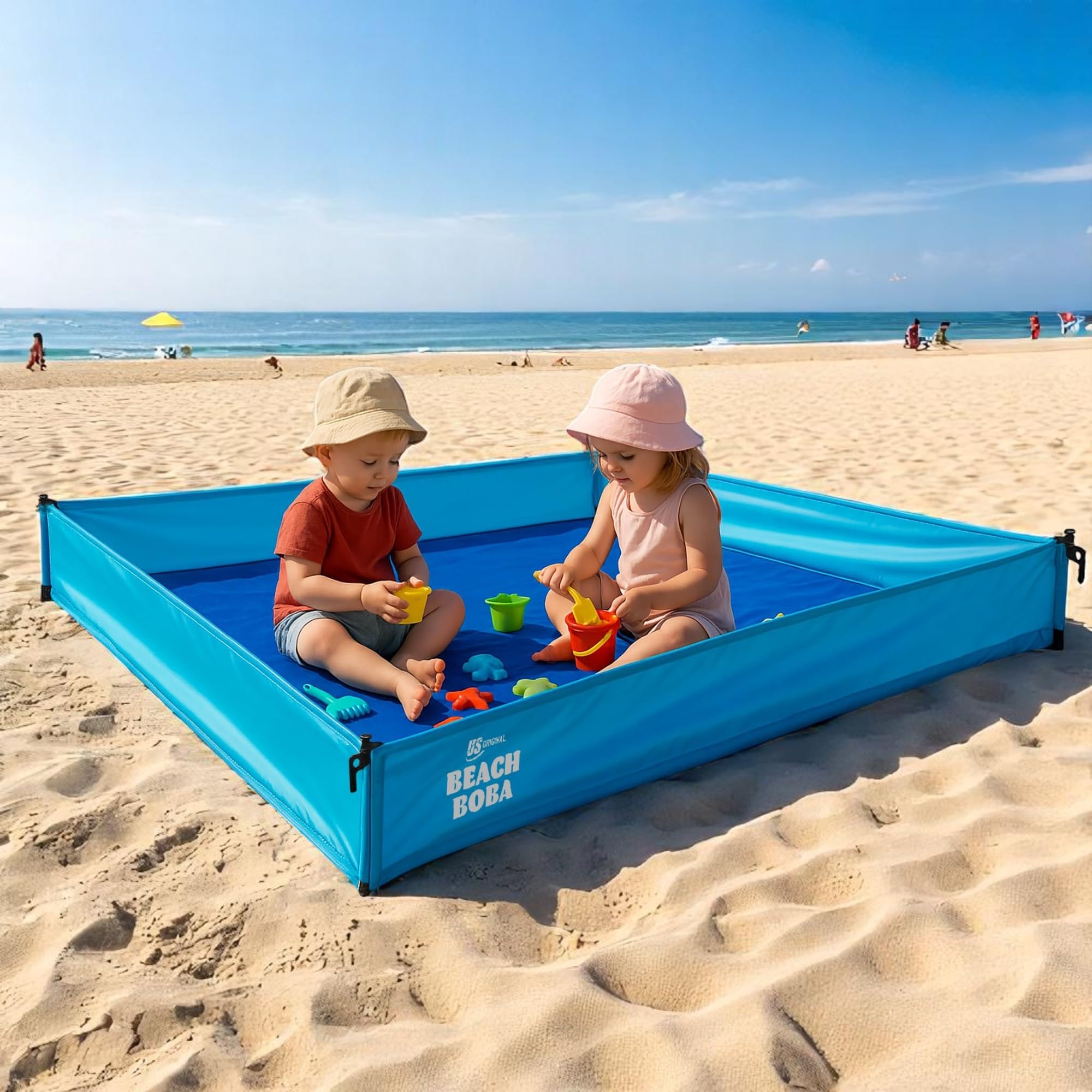 US Original BeachBoba Play Zone with blue side walls keeps sand out for mess-free play.