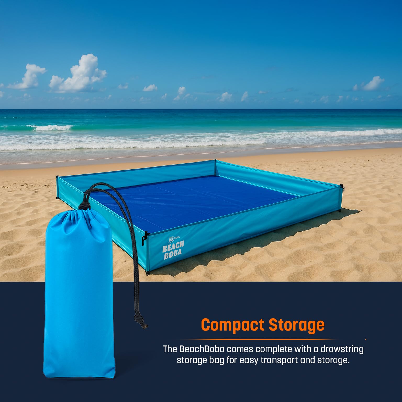 US Original BeachBoba wind-stability stakes help keep the play zone grounded.