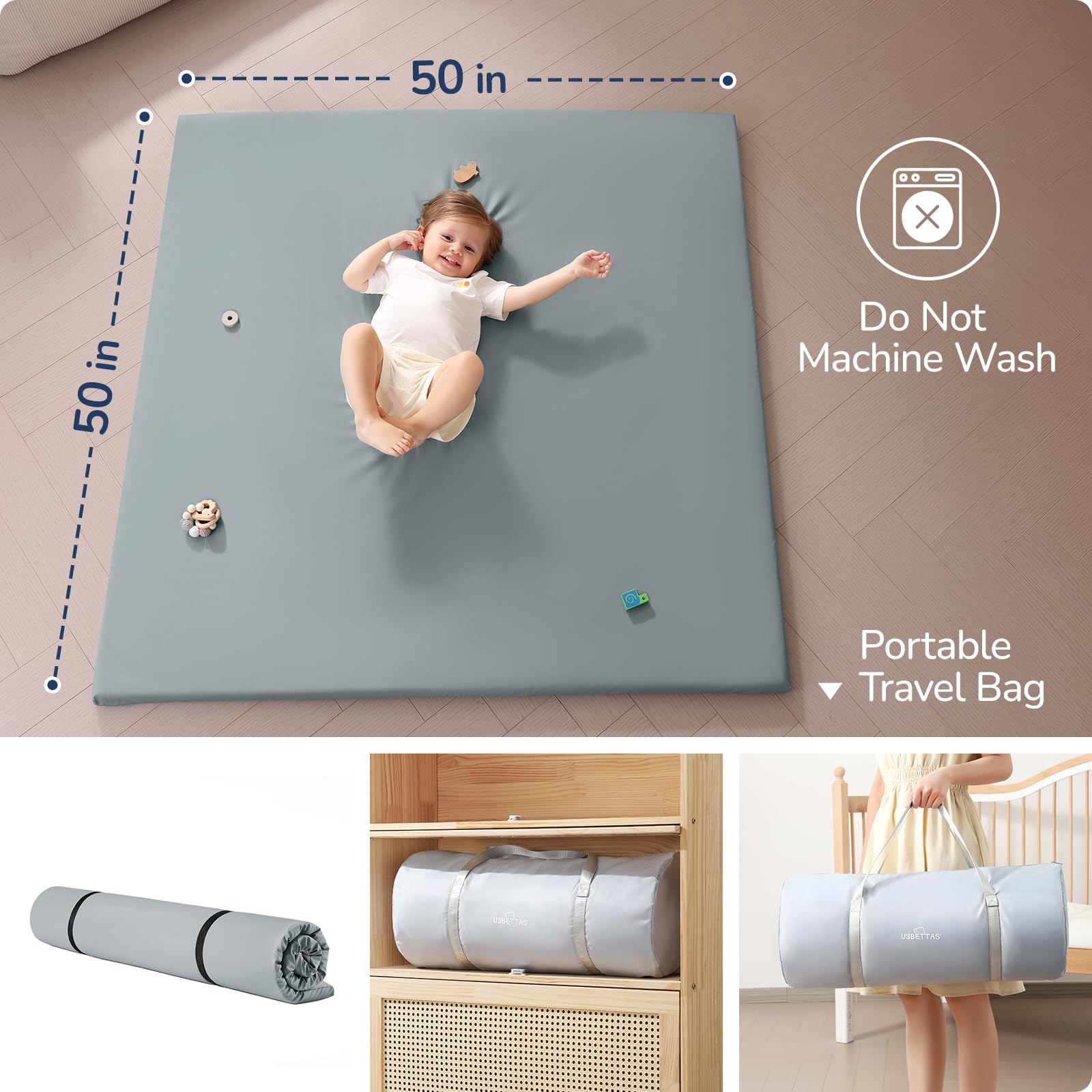 usbettas baby play mat fold-roll-storage highlights portable setup for on-the-go playdates.