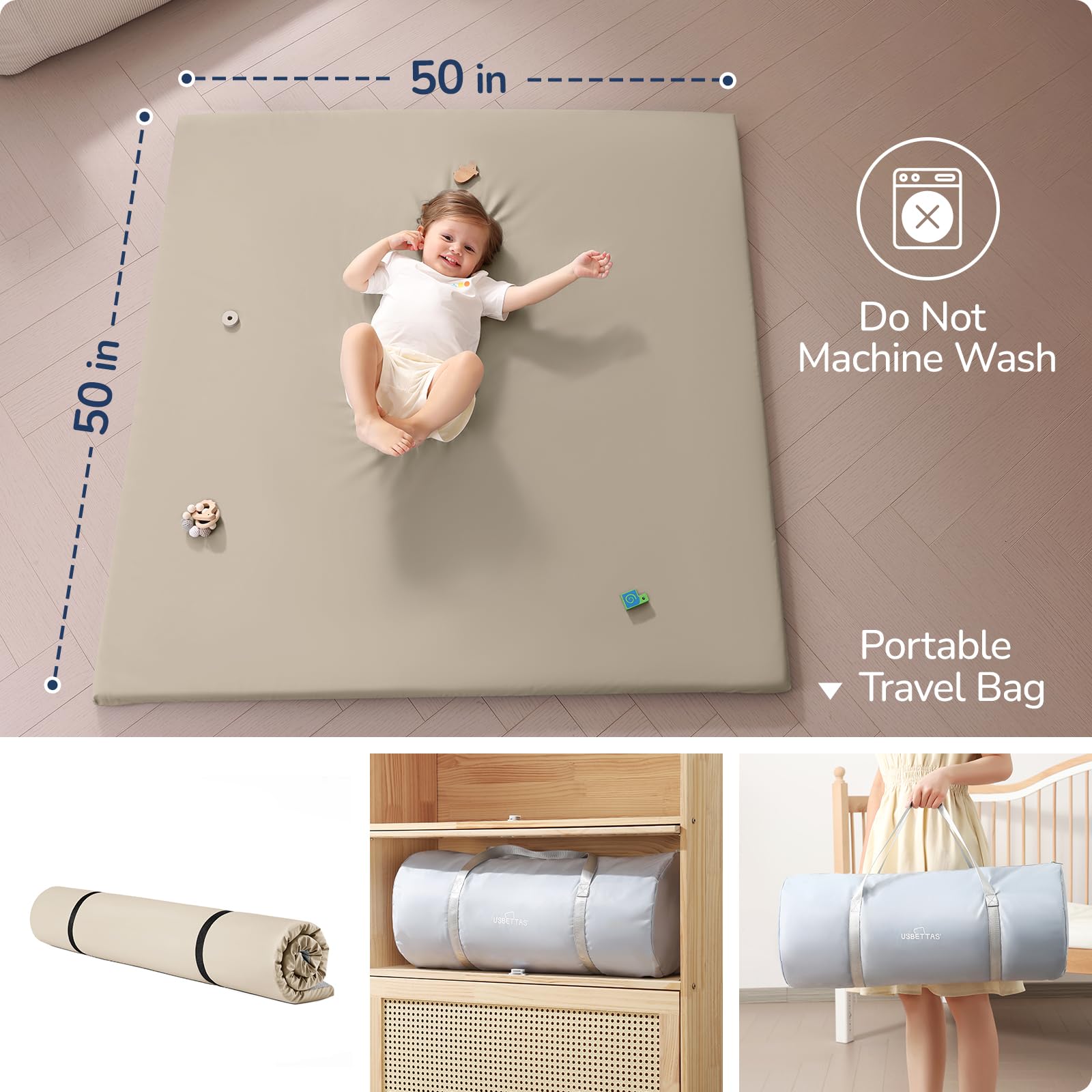 usbettas baby play mat roll-and-store enables easy transport and storage.