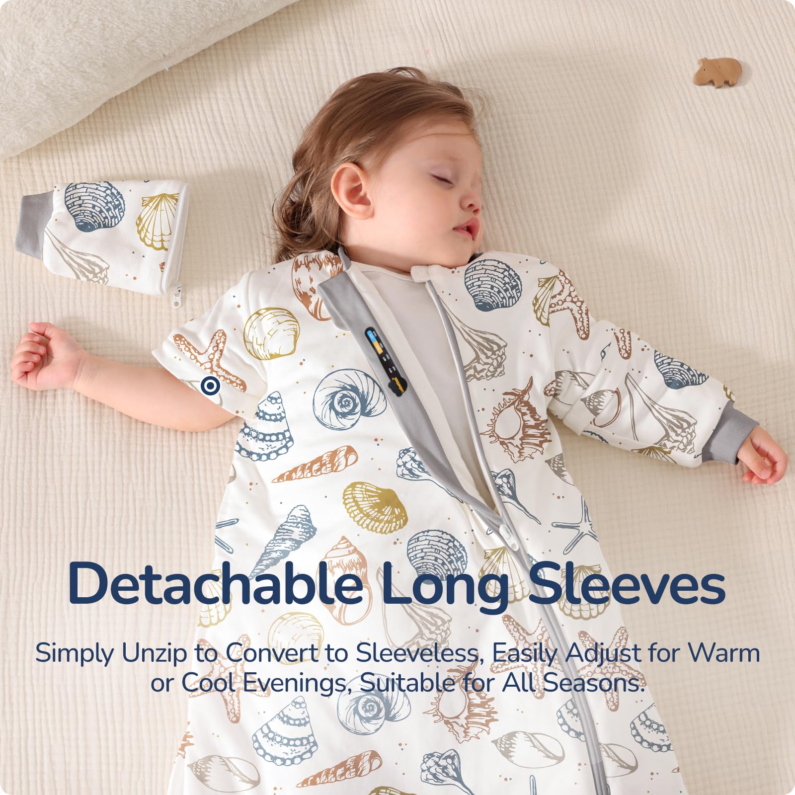 usbettas sleep sack detachable sleeves close up demonstrates year round warmth control