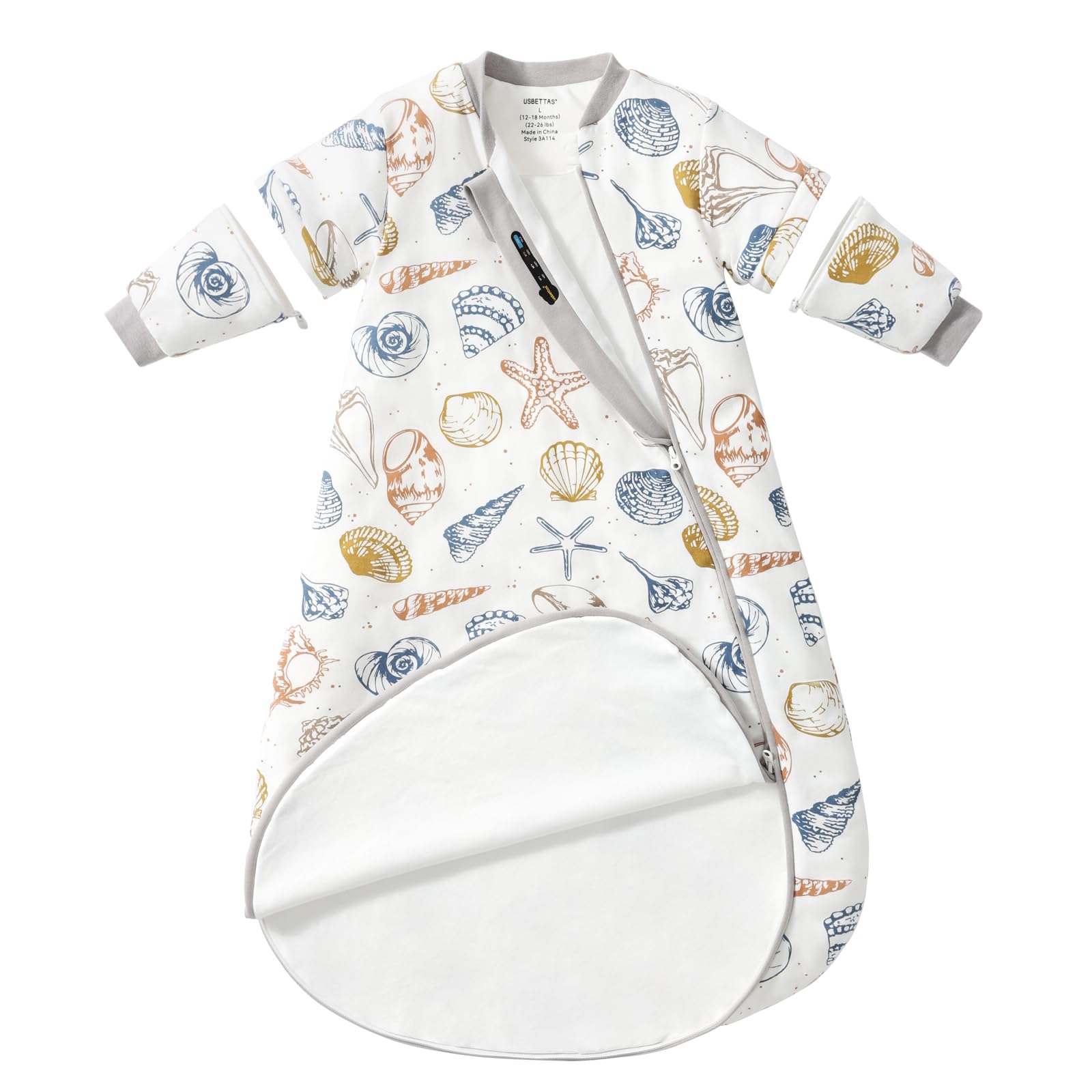 usbettas baby sleep sack front view shows cozy cotton wearable blanket for calmer nights.