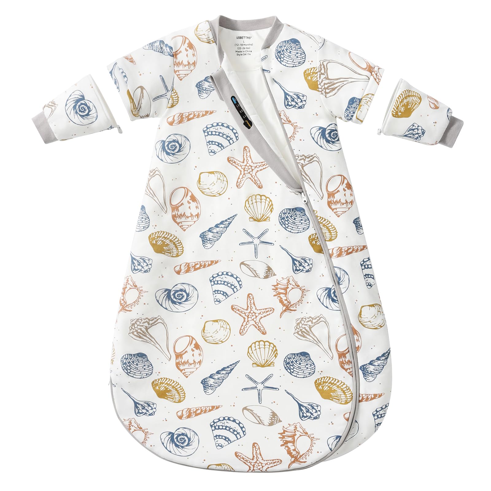 usbettas Baby Sleep Sack Ocean front view highlights breathable cotton for comfortable nights.