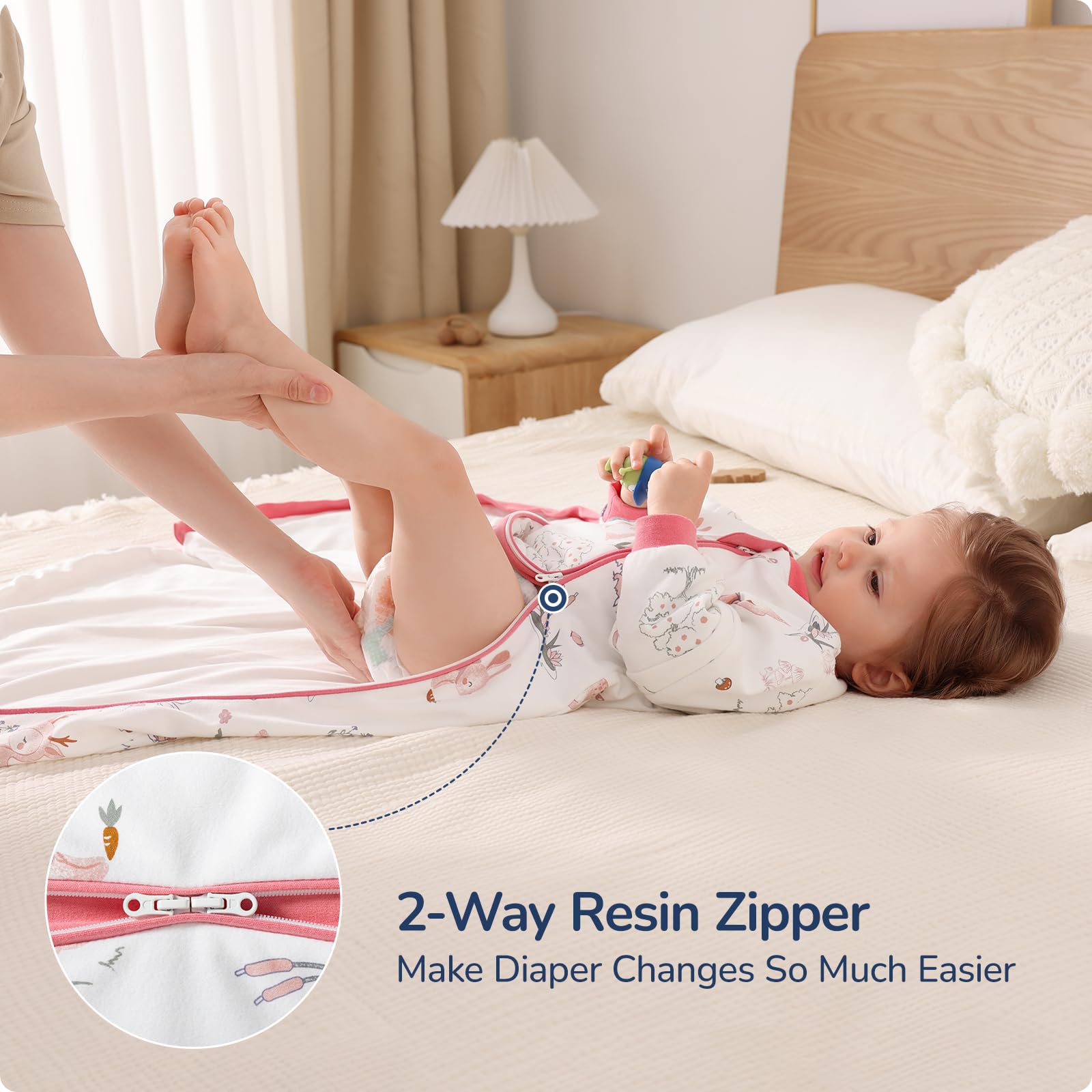 usbettas baby sleep sack two-way-zipper supports quick diaper changes with a skin-safe guard.