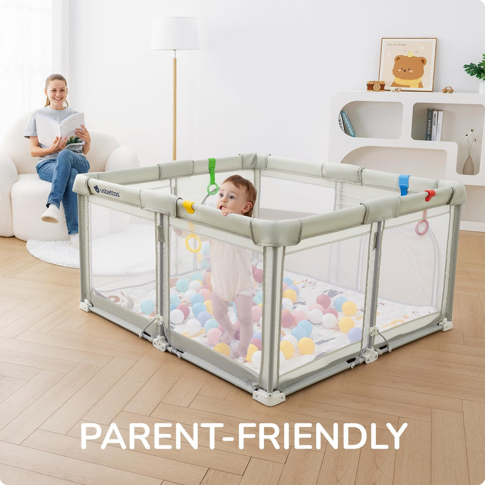 usbettas beige foldable playpen height options tailor a safe space for growing toddlers.