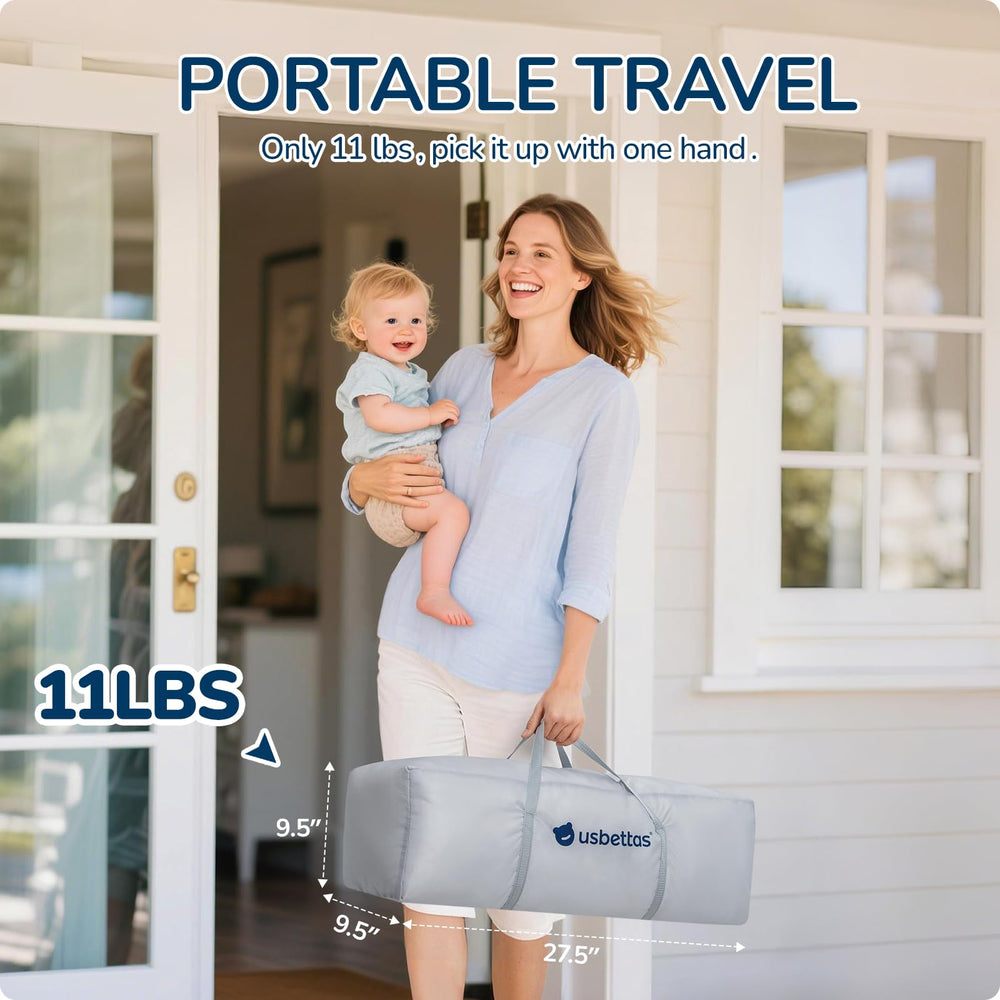 usbettas foldable baby playpen closed for neat packing and travel.