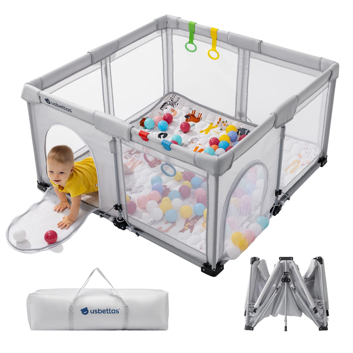 usbettas foldable baby playpen front view showcases spacious play area for infants.