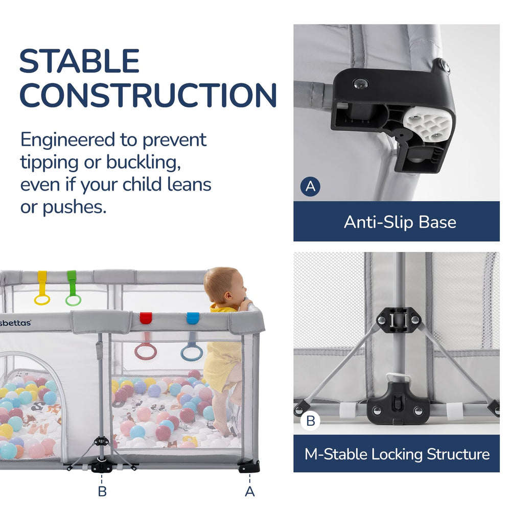 usbettas foldable baby playpen with triangular brackets adds stability.