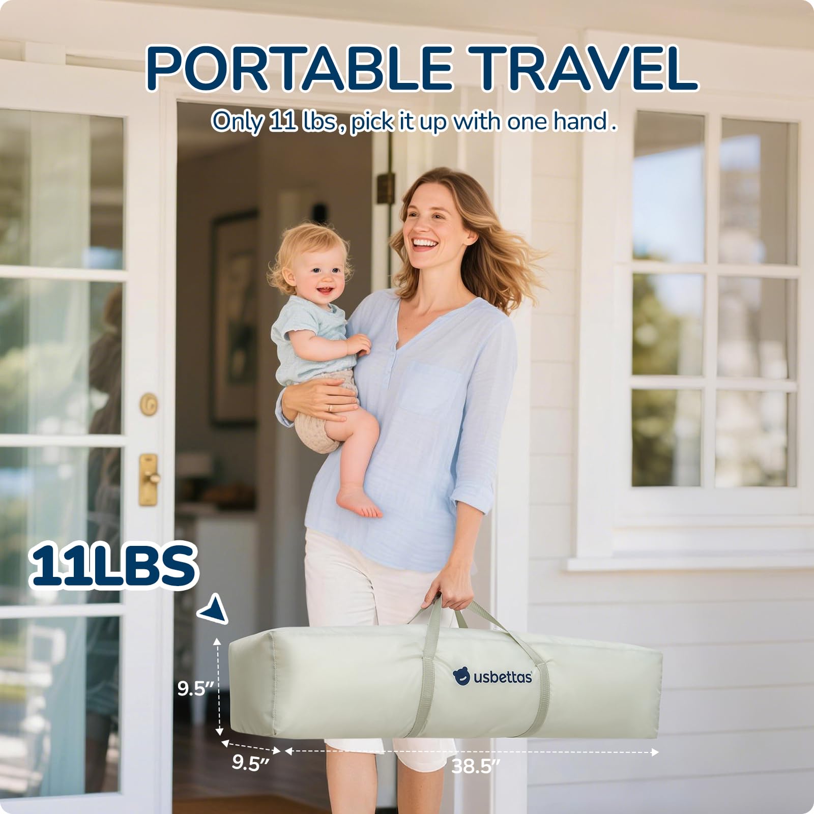 usbettas foldable playpen stability shot emphasizes triangular brackets and anti-slip feet.