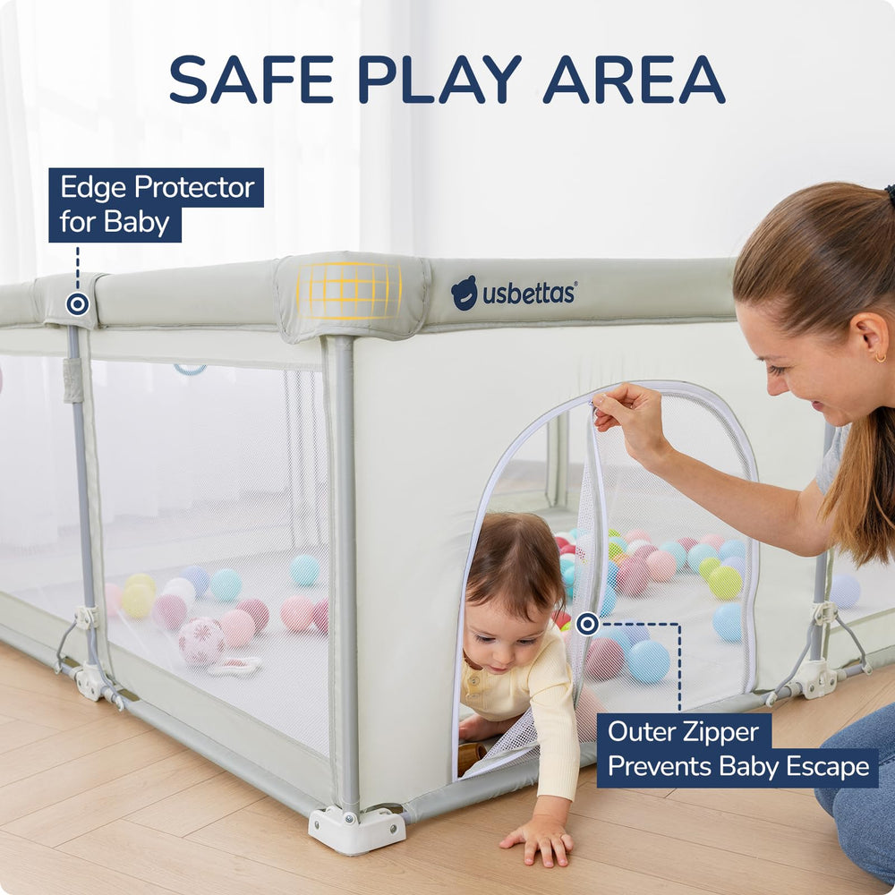 usbettas foldable playpen zipper-doors provide toy storage and escape-prevention benefits.