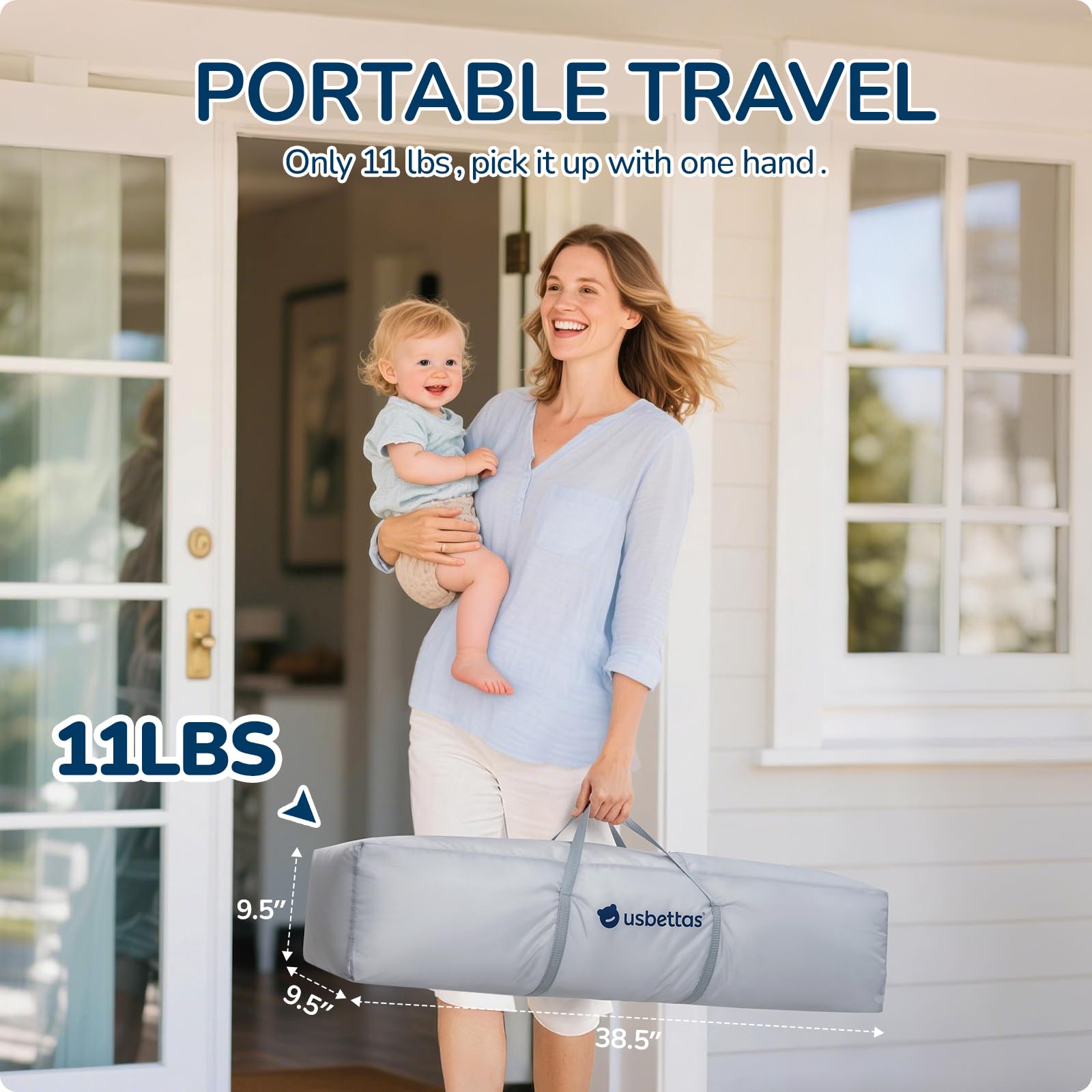 usbettas playpen sturdy base emphasizes triangular brackets and anti-slip feet for stability.