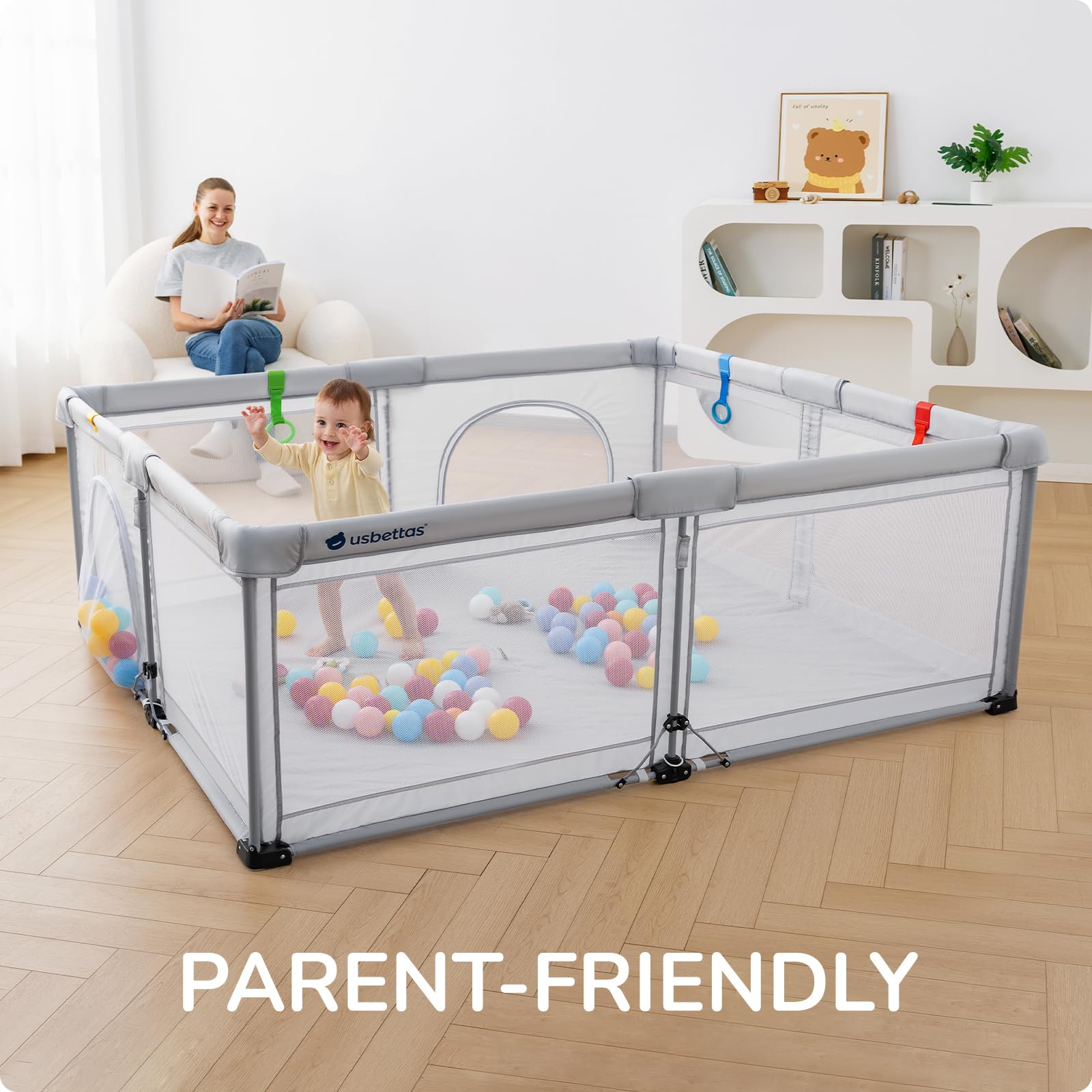 usbettas playpen safety zipper doors keep toys nearby and children secure.