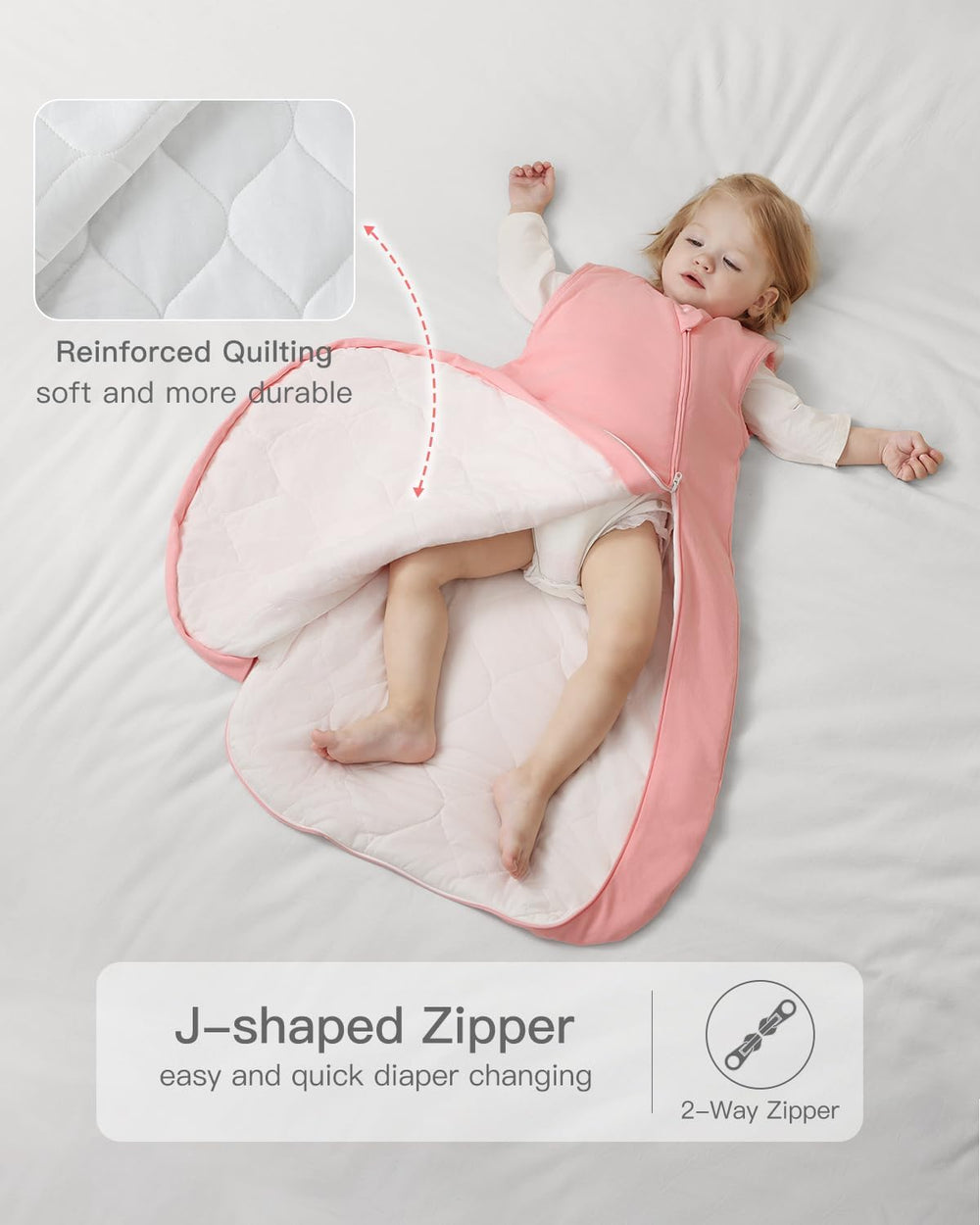 Usbettas sleep sack with wider hem demonstrates room for kicks and easy diaper changes.