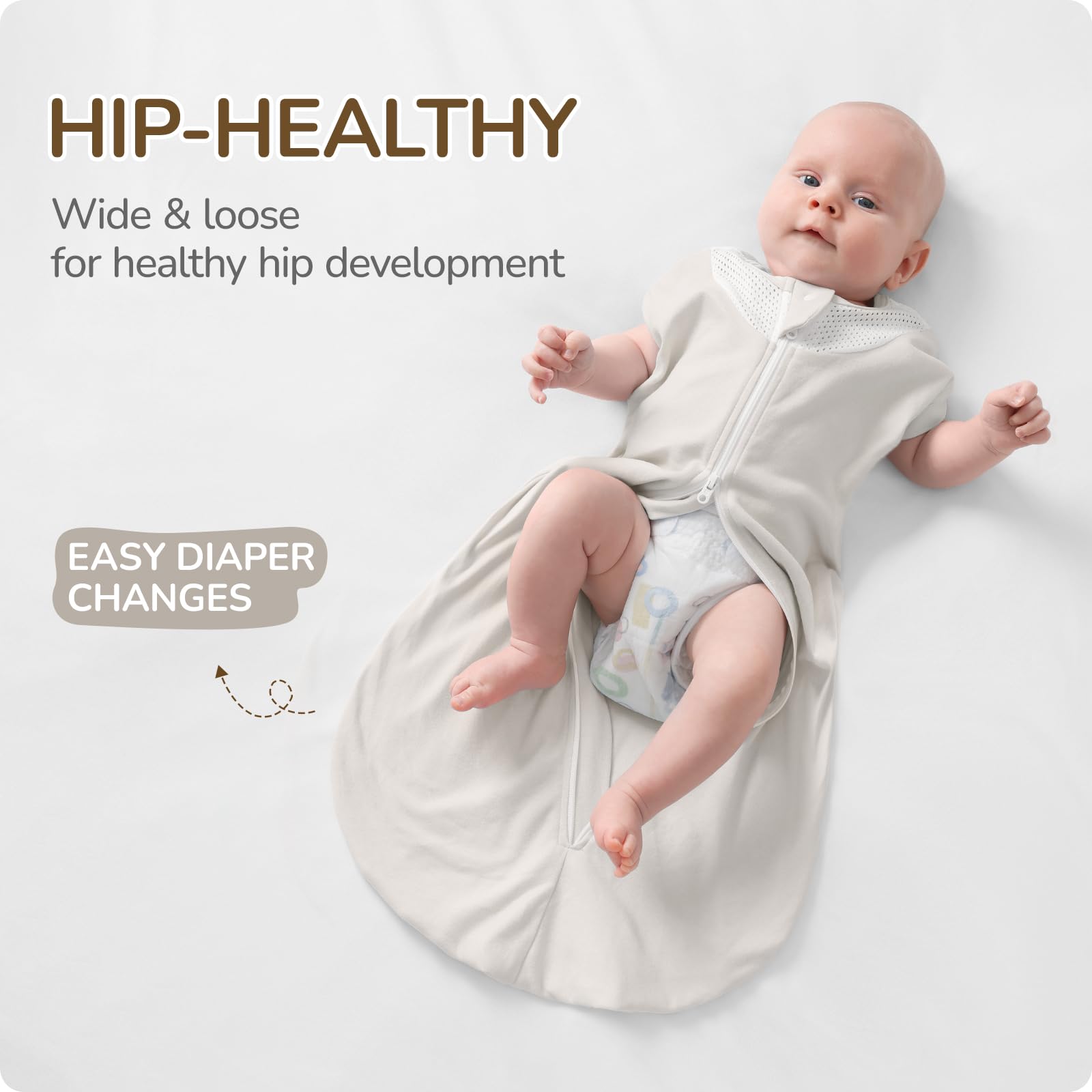 usbettas swaddles hip-healthy widened hem supports leg and hip movement.