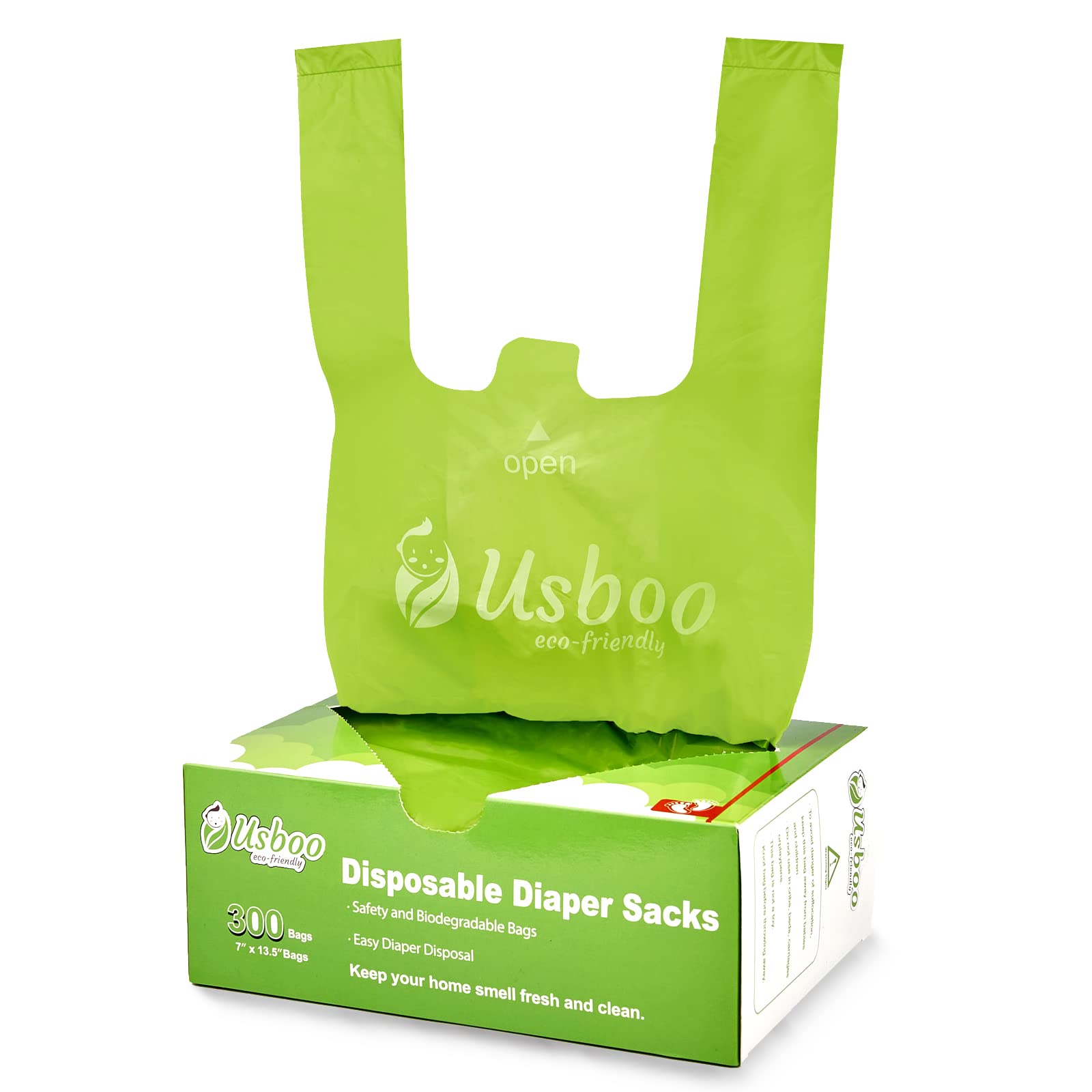USBOO baby diaper bags box showing 300-count supply for on-the-go use