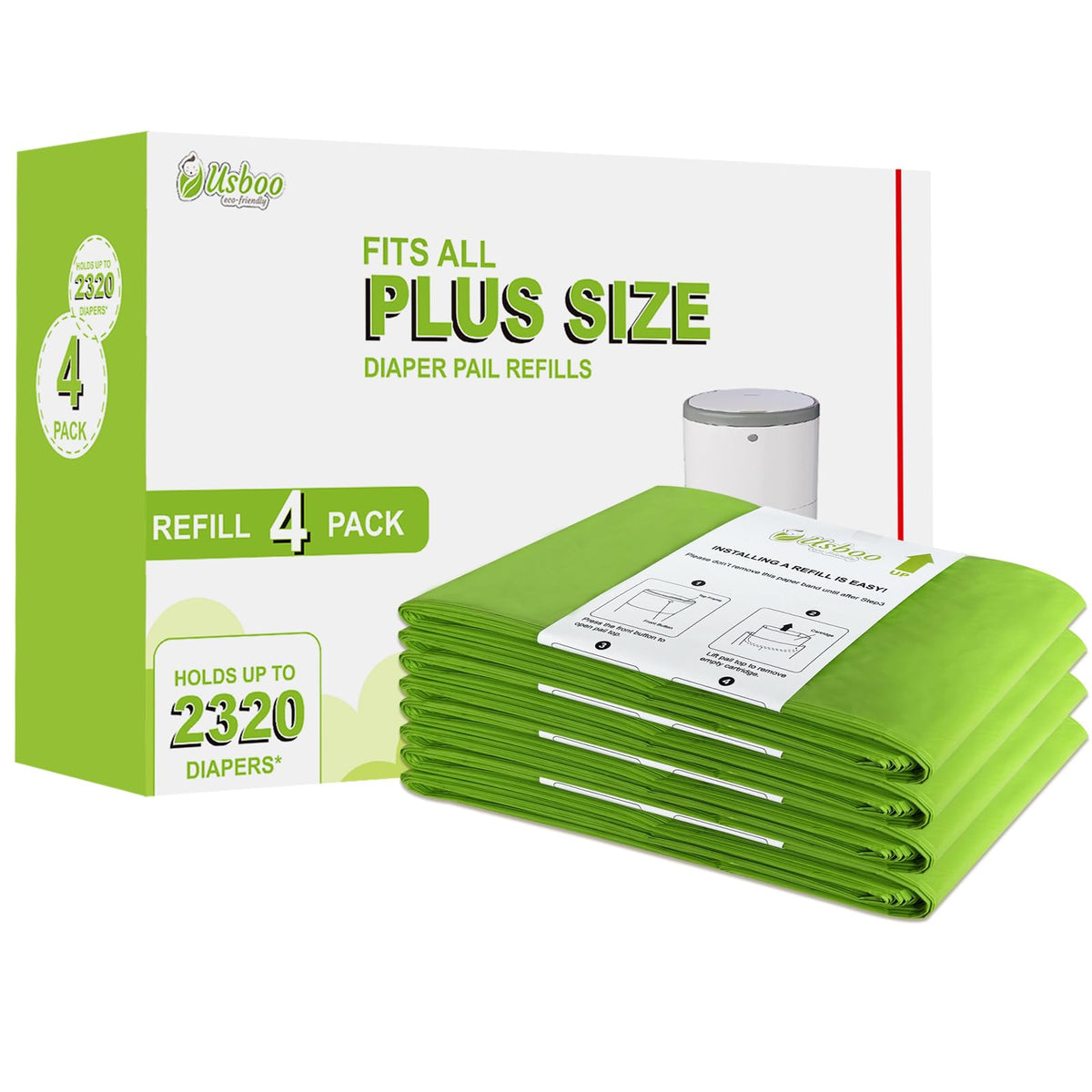 USBOO Dekor Plus refill 4-pack ready for easy diaper pail use with odor control