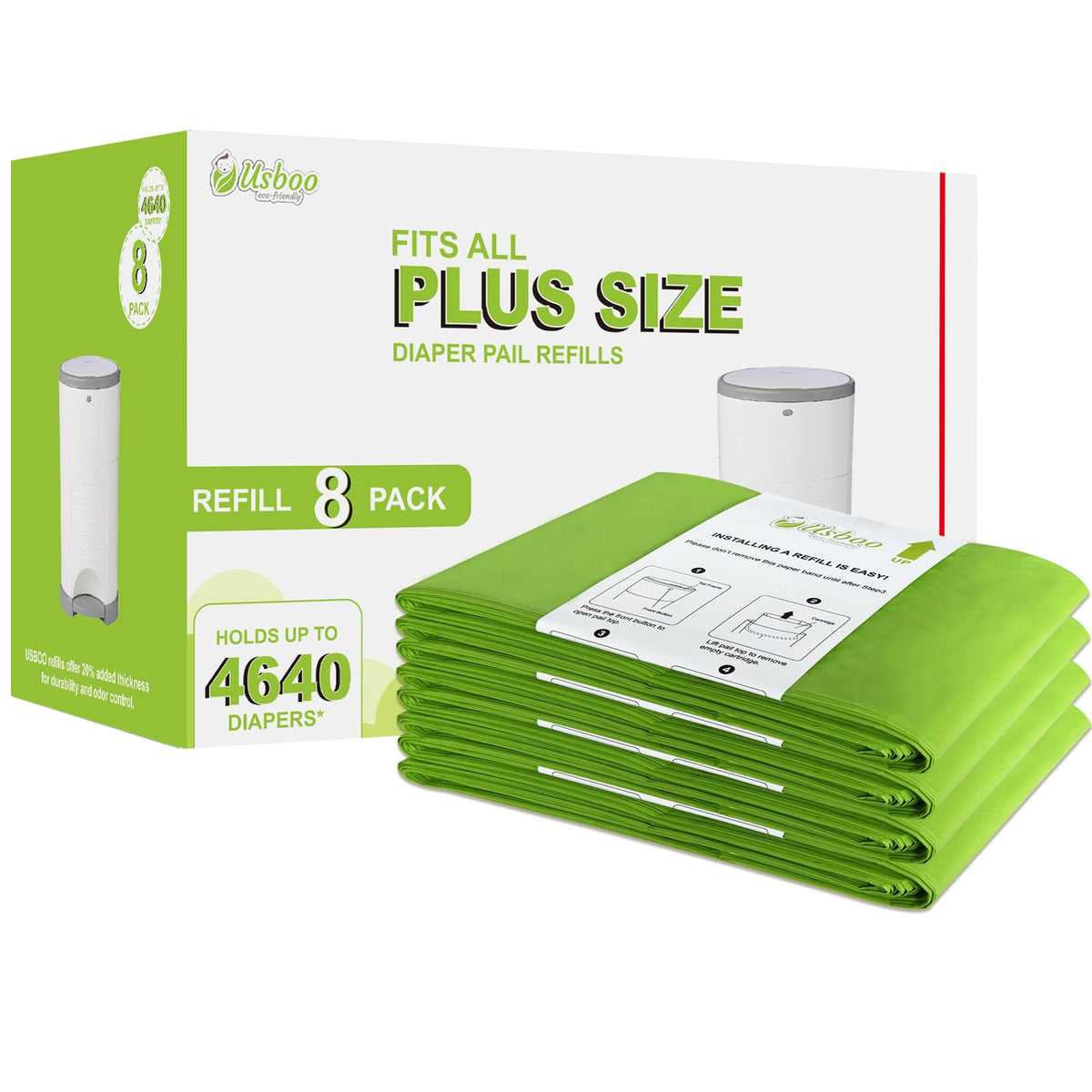 USBOO Dekor Plus refill 8-pack packaging showing compatible diaper bags for easy swapping.