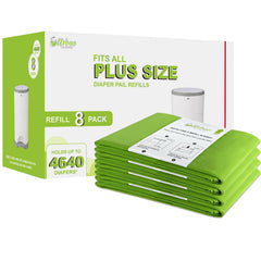 USBOO Dekor Plus refill 8-pack packaging showing compatible diaper bags for easy swapping.