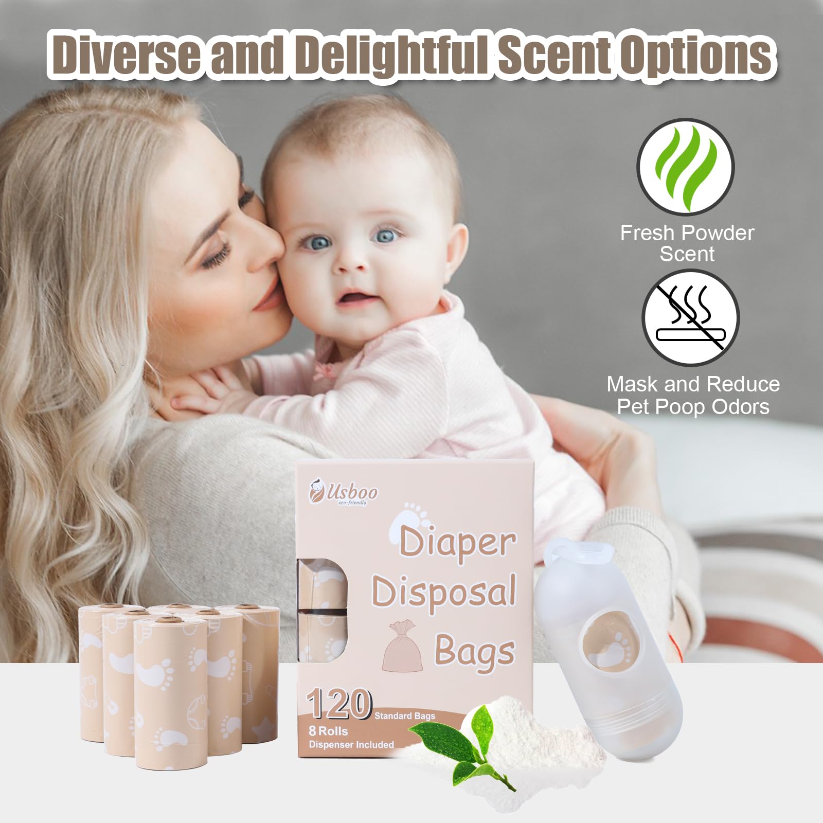USBOO diaper bags 120 bags, ample supply for daily diaper changes and trips.