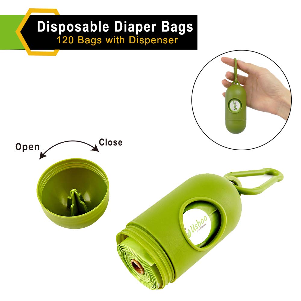 USBOO 120-count leak-proof diaper sacks stay tear resistant during travel.