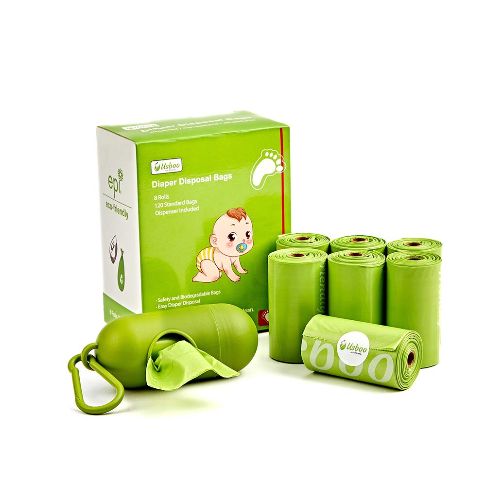 USBOO diaper bags with dispenser attached for convenient on-the-go diaper changes.