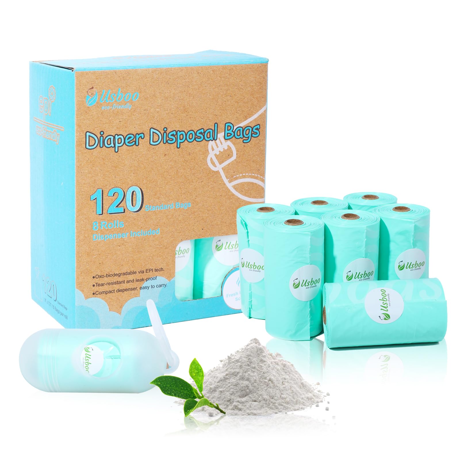 USBOO diaper bags with fresh powder scent and compact dispenser for on-the-go changes