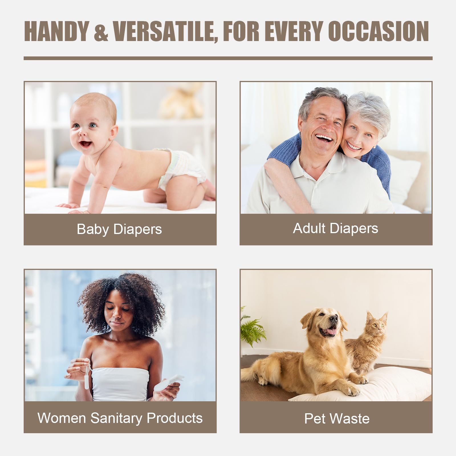 USBOO diaper bags suit travel, home, or pet waste use cases.