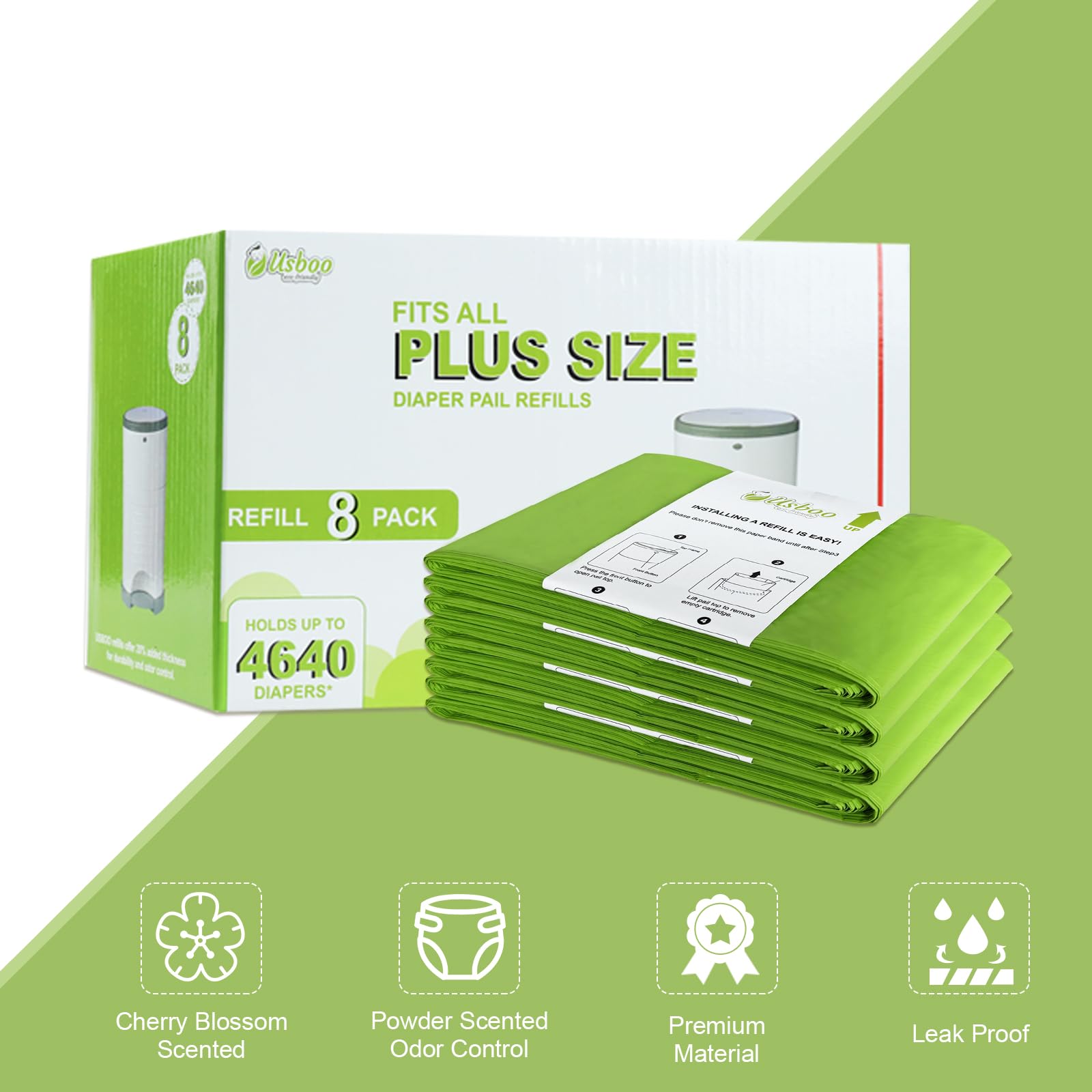 USBOO epi-technology diaper pail refills designed for strong, durable bags.