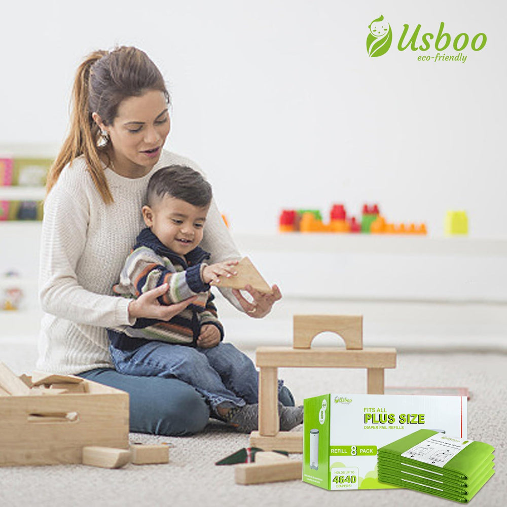 USBOO eight-pack refill cartons illustrated for family-friendly diaper cleanup.