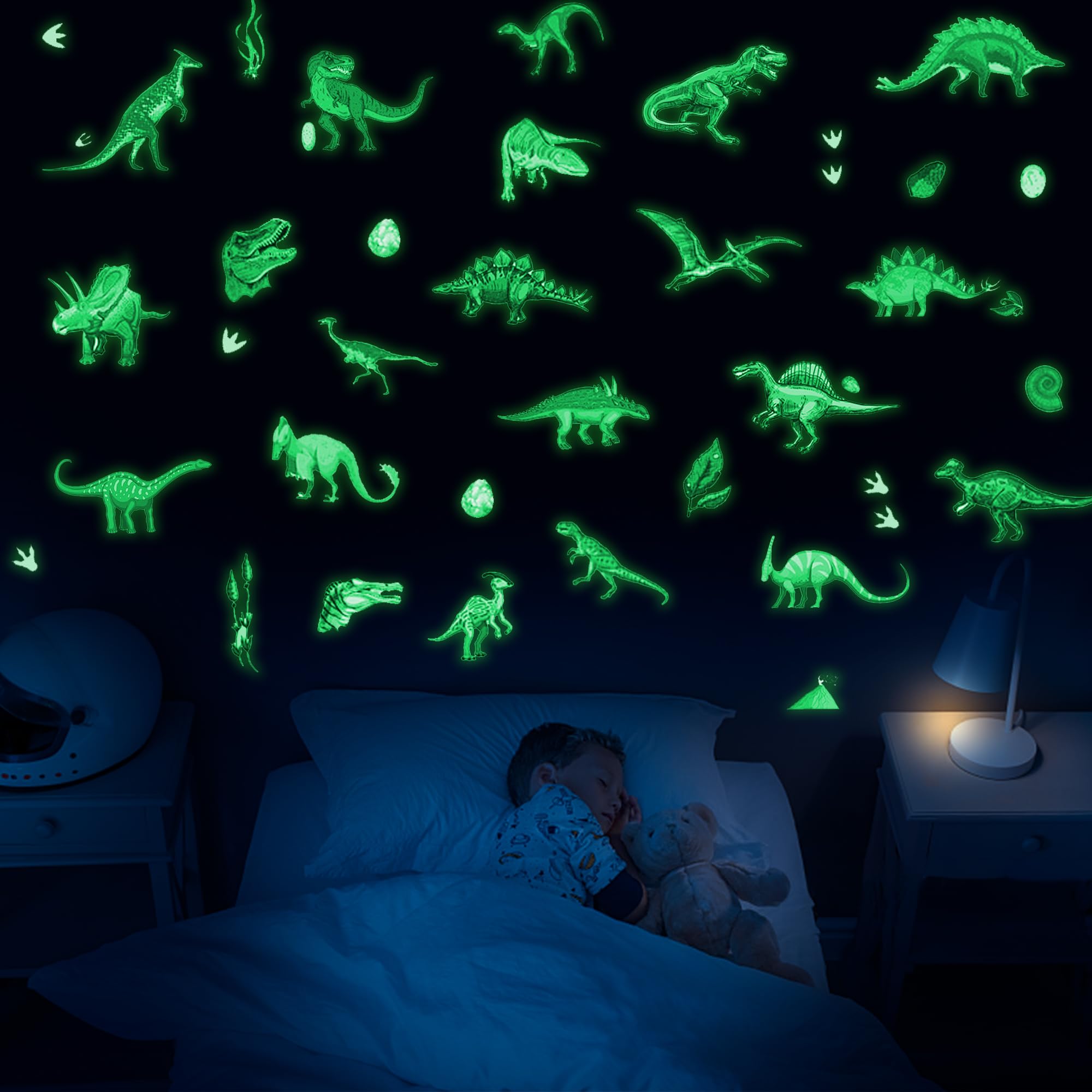 USGOO glow dinosaur wall decals pack close-up showing glow-ready vinyl for magical walls at night.