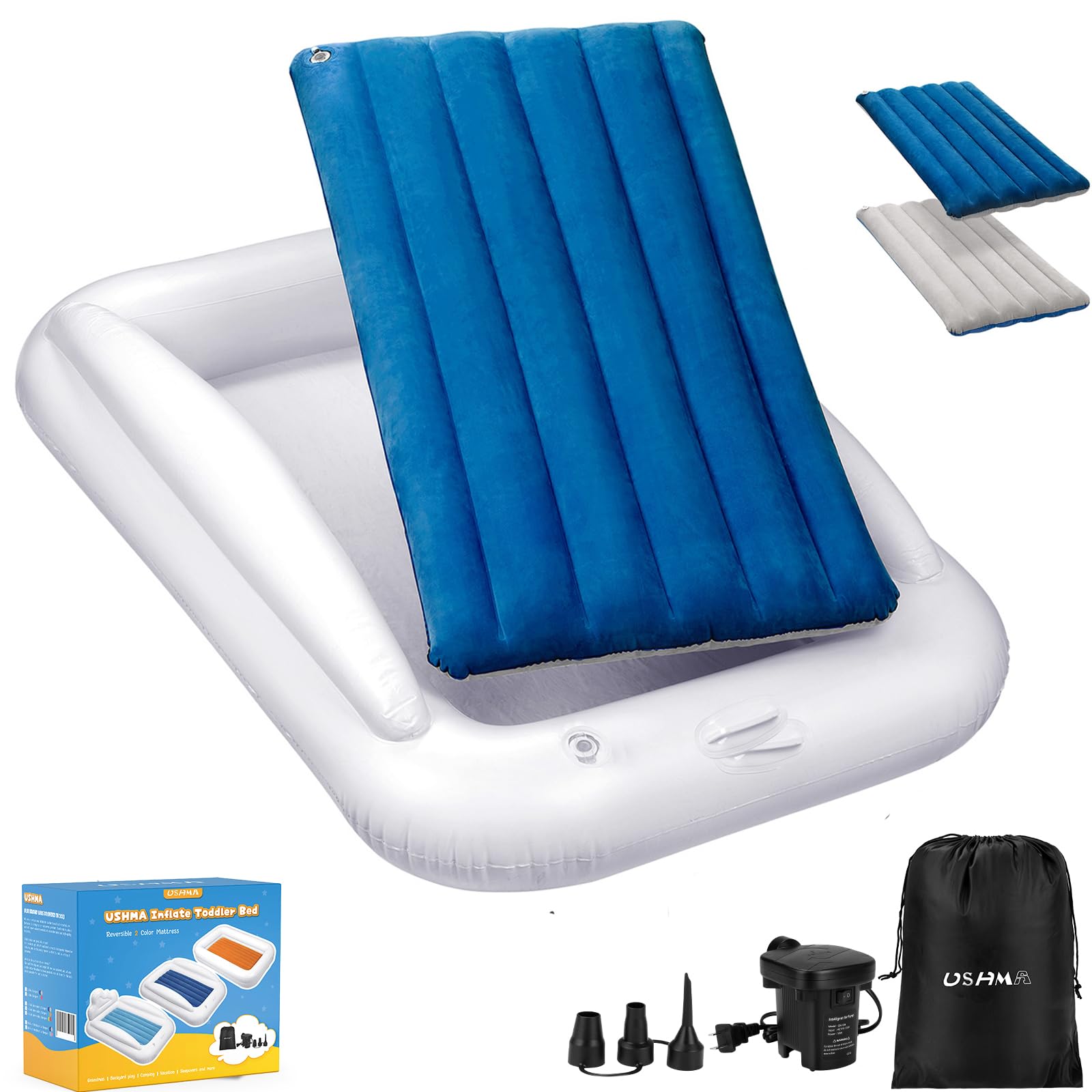 USHMA inflatable toddler travel bed in blue-grey shows dual-color option for customizable comfort
